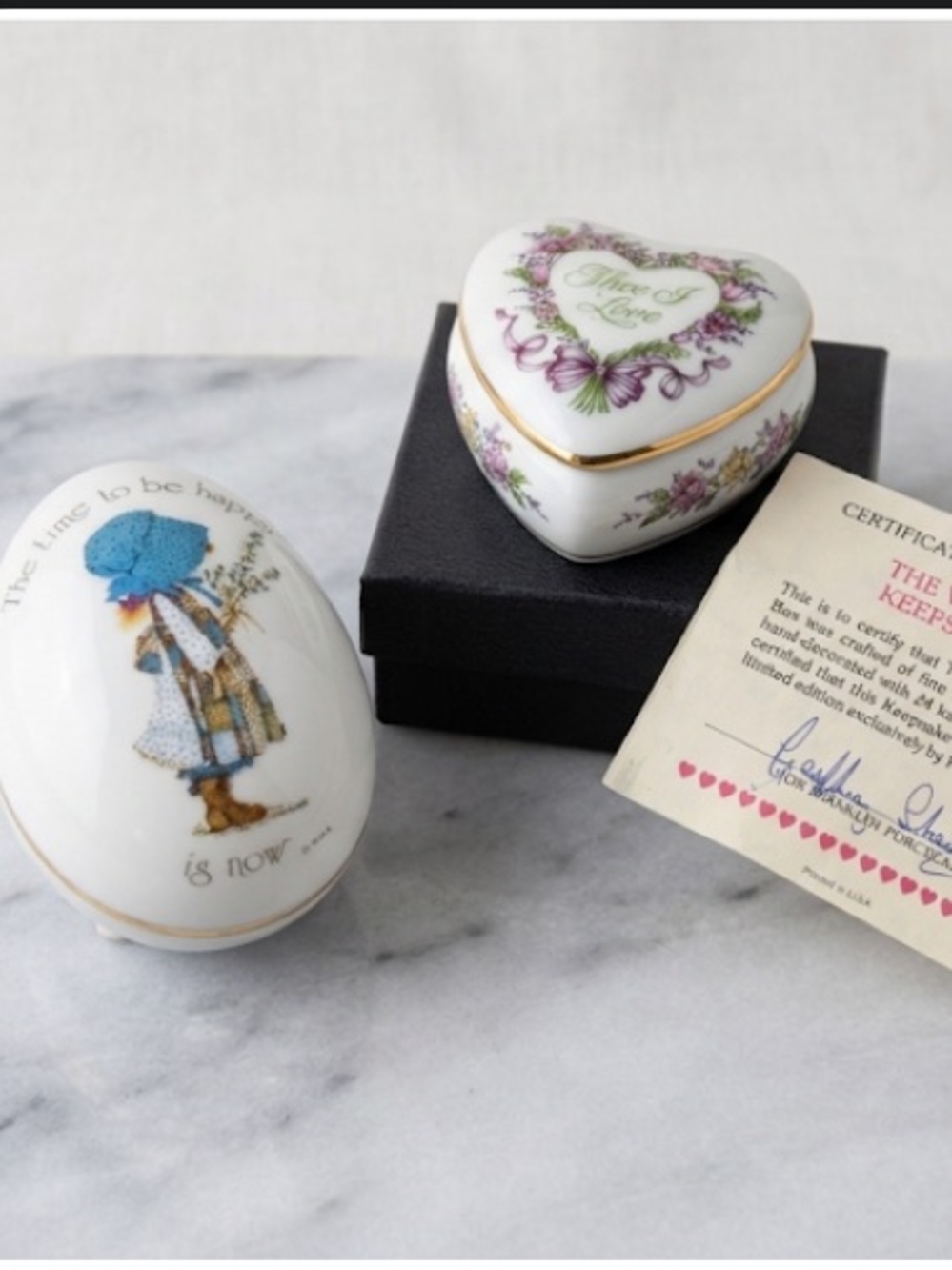 VTG Holly Hobbie Egg 1974 &Franklin Porcelain Heart 1981Keepsake Bundle with COA
